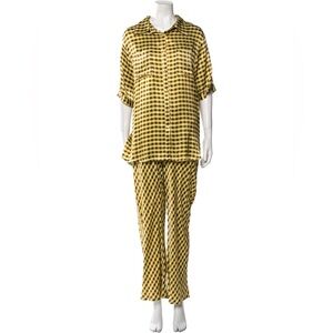 DISSH Gala Lime and Black Brown Retro  Satin Vacation Pant Shirt Matching Set S